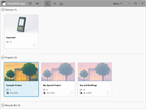 ProbitSite Windows App showing imported devices and project overview