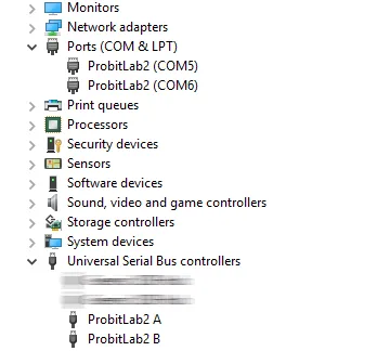 Two serial port devices "ProbitLab2 (COMx)" and two USB devices "ProbitLab2 A" and "ProbitLab2 B"