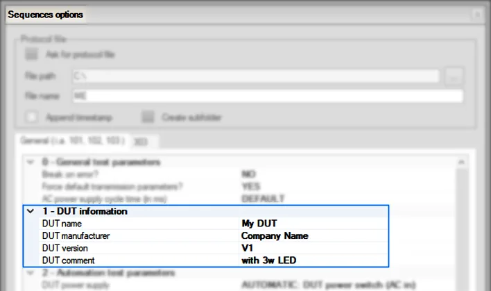 Enter the DUT Information Name, Manufacturer, Version